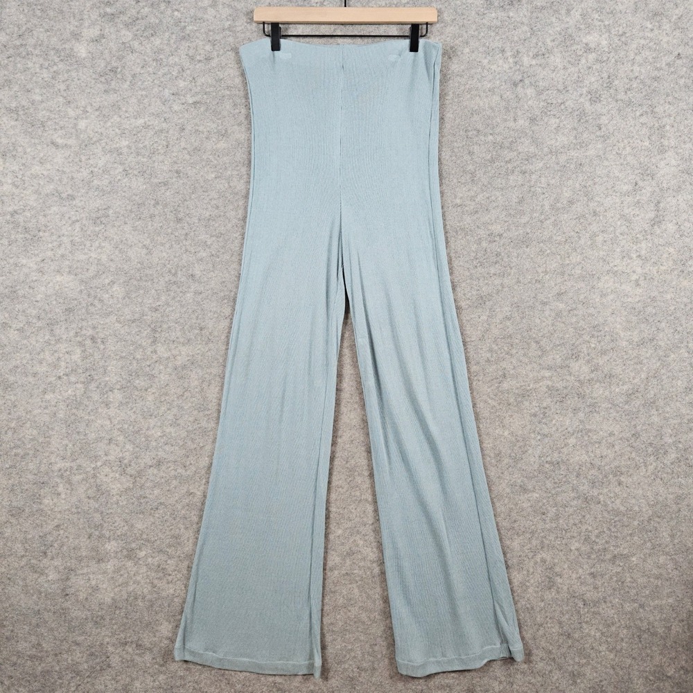 ZARA Wide Leg Ribbed Knit Pull On Lounge Pants Light Green Size L 32x34 Vacation